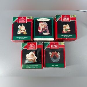 5 Hallmark 90’s Miniature Ornaments - The Kringles, Old English Village & Wreath